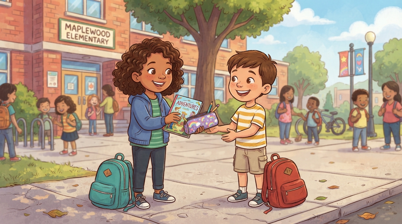 Devant l'école, une fillette prête un livre et une trousse à un camarade, tous deux souriants, entourés d'élèves et de sacs à dos